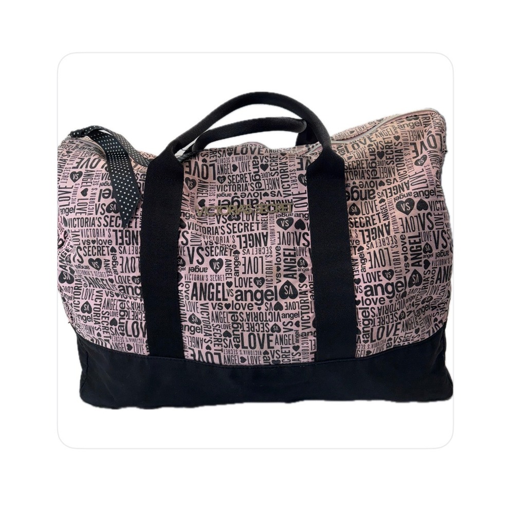 Victorias Secret Pink Black Angel Love Typography Weekender Duffel‎ Bag Canvas